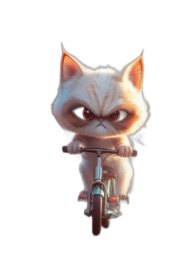 realistic cute grumpy white cat on bike, in the style of Pixar, cartoon character, black background