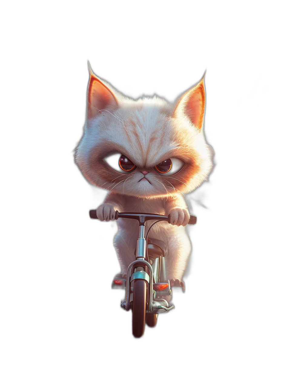 realistic cute grumpy white cat on bike, in the style of Pixar, cartoon character, black background