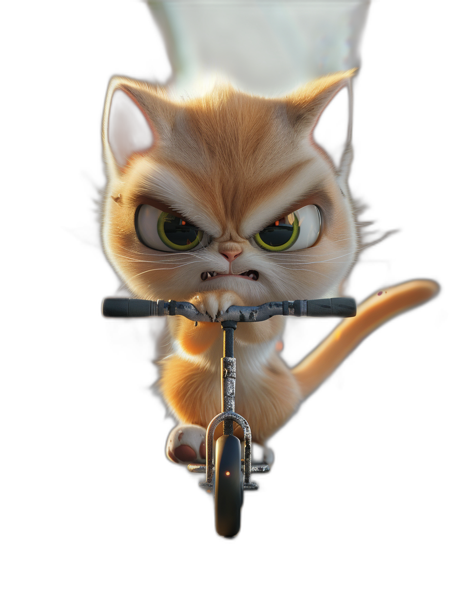 3D cartoon, happy cute cat riding scooter with an angry face, black background, front view, in the style of Pixar, adorable eyes, lovely, hyper realistic, intricate detail, high resolution, unreal engine, cinematic lighting