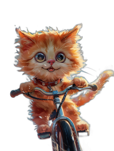 A cute orange cat riding on a bike against a black background, shown from the front view. The art style is fantasy with influences from Disney Pixar and anime character design. The rendering was done in zbrush with hyper-realistic animal illustrations and a surreal style using vibrant colors. The cat has a cheerful expression with a focus on its face, shown in high resolution with detailed eyes and sharp details in a full body portrait presented at high definition.