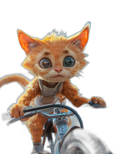 Cute orange kitten with big eyes, sitting on a bike wearing a helmet and riding on a black background, with detailed fur, digital art in the style of Disney Pixar studio, adorable, with cinematic lighting, high resolution, super realistic, hyper-detailed, photorealistic, rendered with octane,