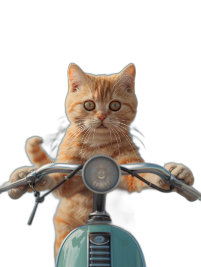 front view of a cute ginger cat riding on a scooter, isolated against a black background, a detailed illustration in the style of [Chris Foss](https://goo.gl/search?artist%20Chris%20Foss) and Greg Manchess, cinematic lighting, high resolution photography, hyper realistic, with great detail