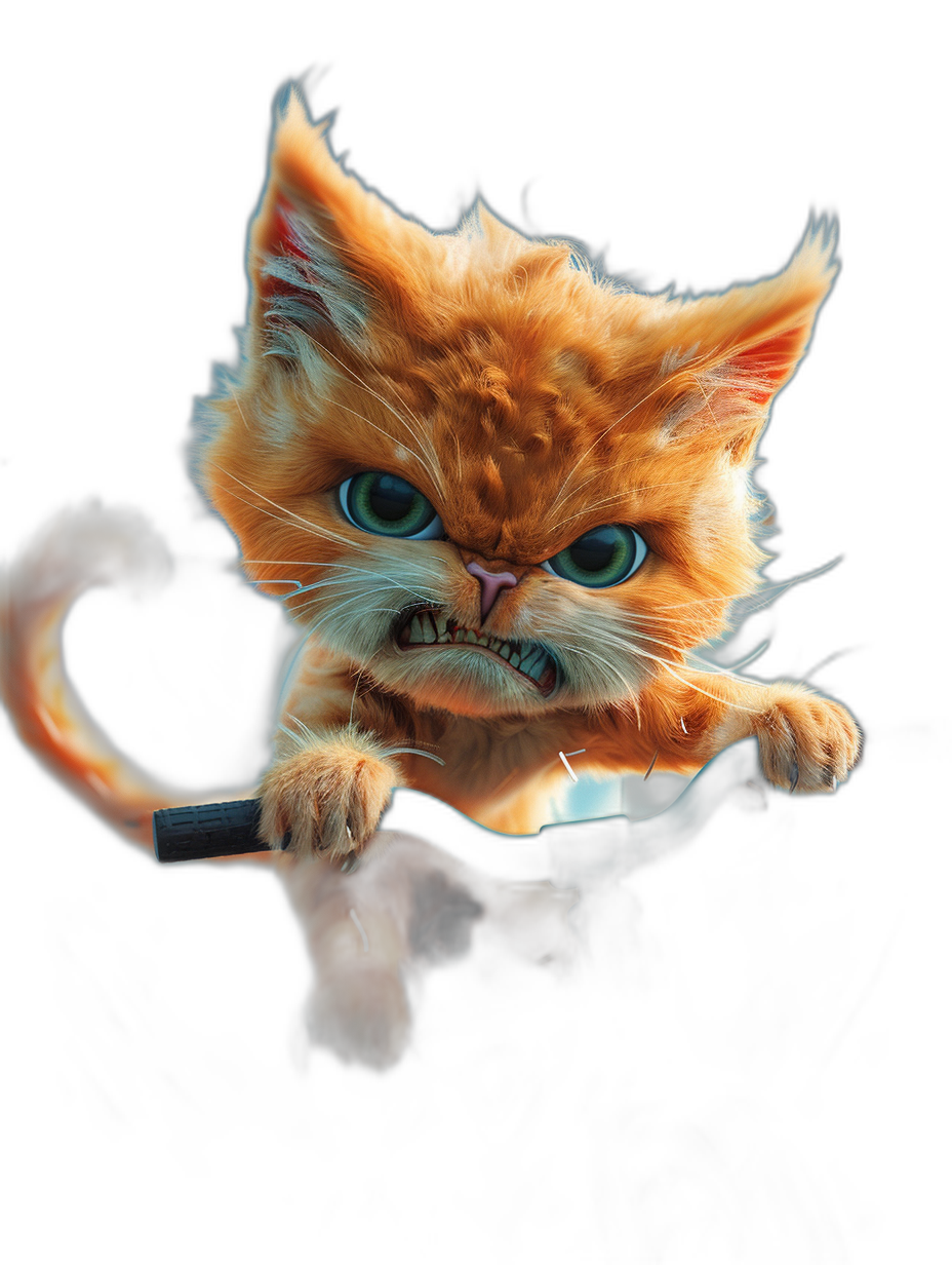 A cute orange cat in the style of a snooty cartoon character with a caricature face and big eyes playing with a fire sword against a black background in a photo realistic style.