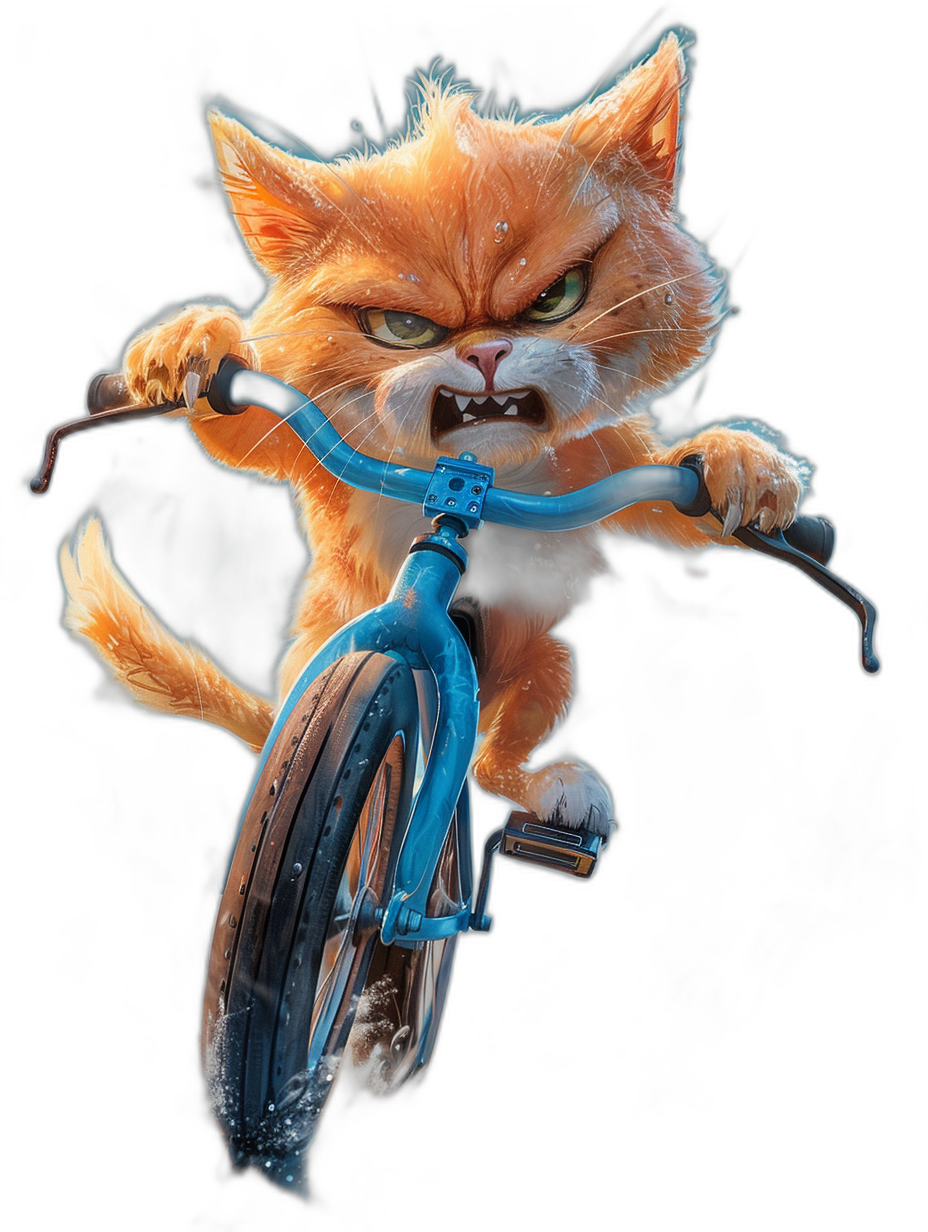 angry orange cat riding blue bike, in the style of Pixar, black background, cartoon character concept art, unreal engine 5, hyper realistic render