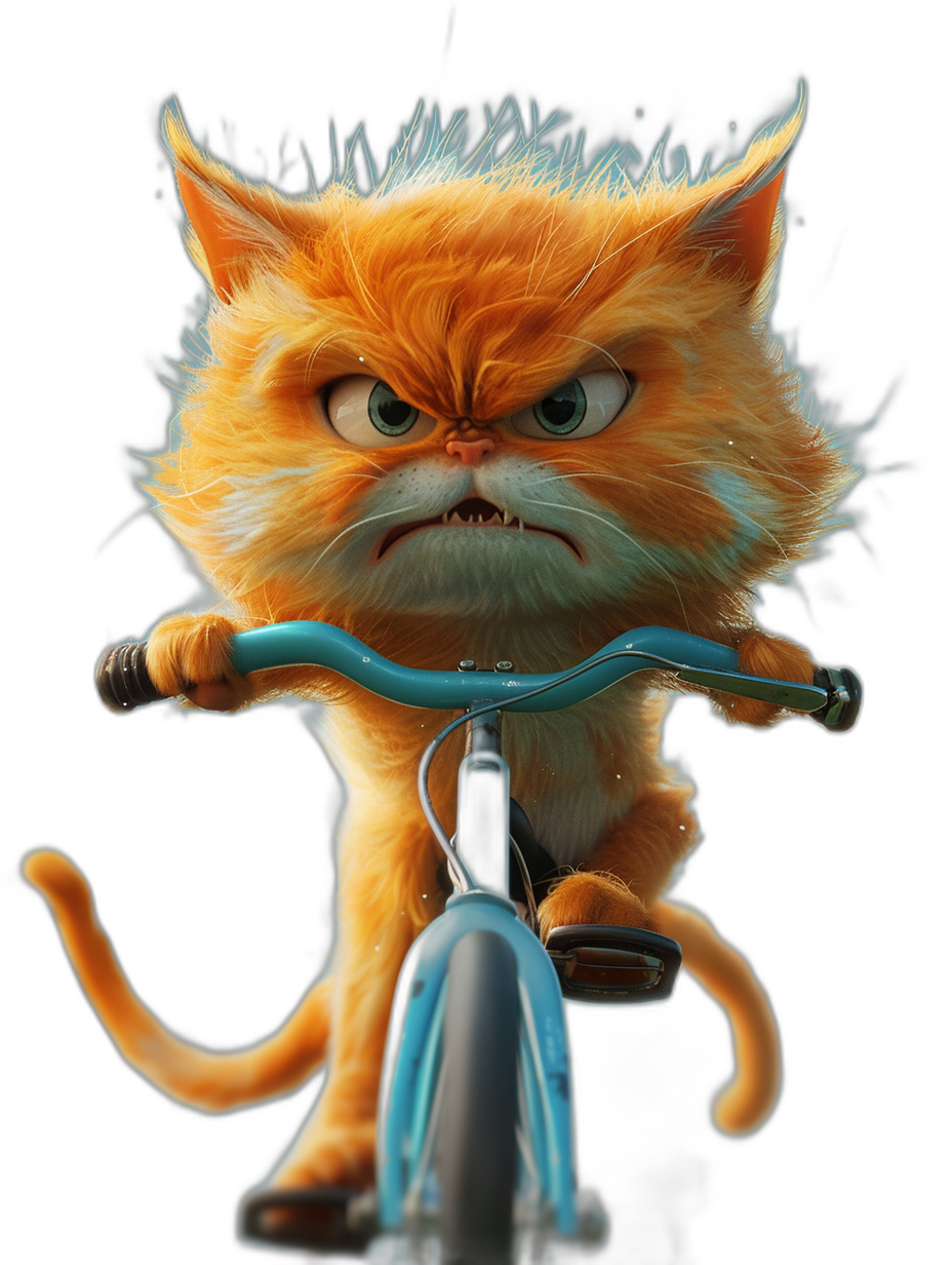 Cute orange cat riding bicycle, angry expression, fluffy hair and fur, in the style of Pixar, black background, high definition