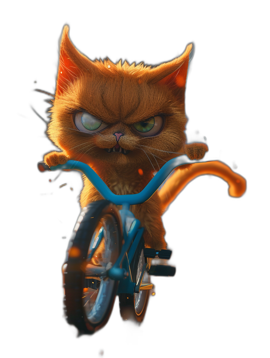 Cute orange cat riding a blue bicycle with an angry face and green eyes, in the style of Pixar, on a black background in a cartoon style, cute and detailed with high definition and octane rendering for a high resolution, hyper-realistic image.