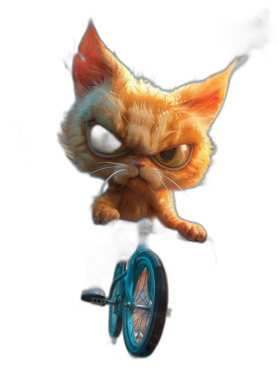 grumpy orange cat on unicycle, cartoon character design in the style of Pixar and Disney, black background, octane render