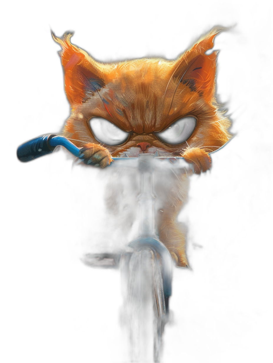 angry cute kitten on bicycle, digital art in the style of sam d wesley and [Bill Sienkiewicz](https://goo.gl/search?artist%20Bill%20Sienkiewicz), dark background