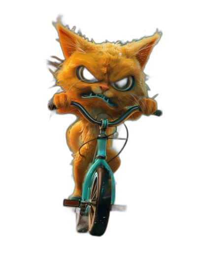 Cute orange cat riding on a children's bicycle, with an angry face, on a black background, with a turquoise frame and blue handlebar, in the style of cartoon, 2D game art style, in the style of Pixar animation, with high detail, as a digital painting, with natural light, using octane render, as high resolution photography, with a hyperrealistic style, using studio lighting, in a cinematic style, using octane rendering, using ray tracing, from a camera perspective behind the bike.