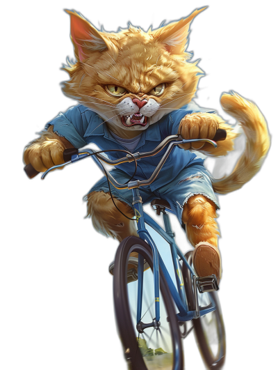 realistic orange cat in a blue t-shirt riding a bicycle, with an angry face, on a black background, in the style of fantasy art, high resolution