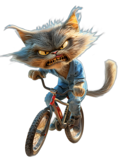 full body cartoon caricature of an angry cat riding bmx, black background, photo realistic and detailed