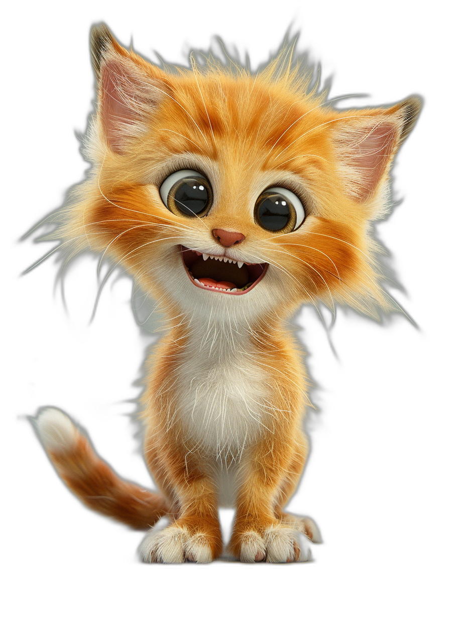 3D render of a happy, smiling cartoon ginger kitten with long hair on a black background, in the style of Disney character design, cute and adorable with big eyes.