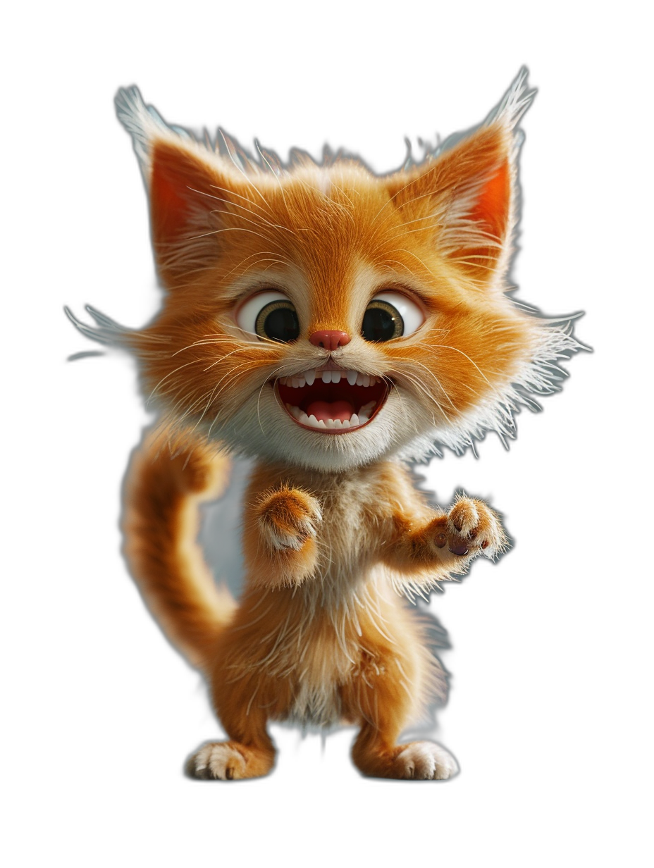 3D render of a cute, happy, smiling orange cat with a fluffy tail, in the style of Pixar, cartoon character, full body front view, on a black background, big eyes, highly detailed, sharp focus, studio photo, intricate details, highly realistic, cinematic lighting, 8K resolution, macro shot