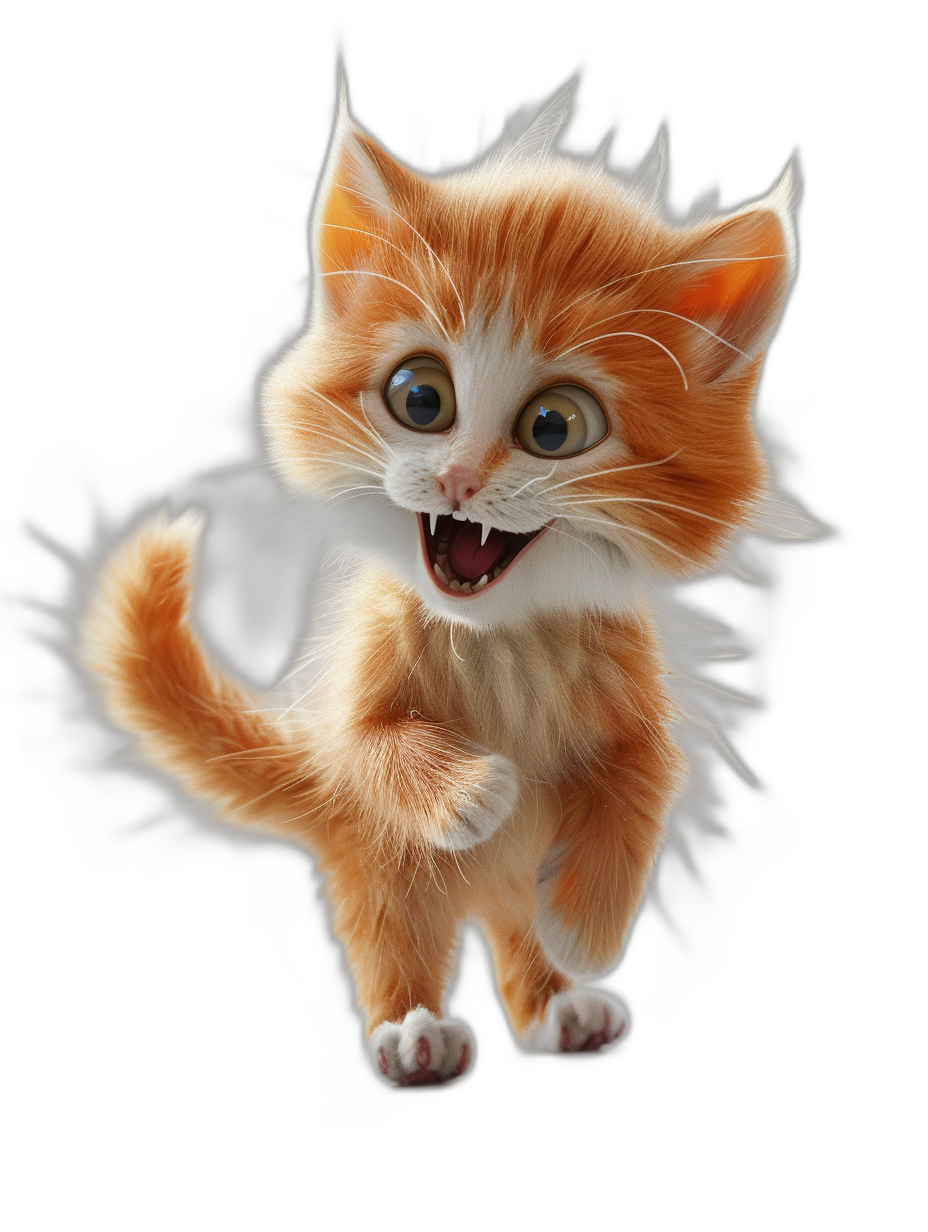 3D render of a happy, cute orange kitten jumping in the air with its tail up, big eyes and a smiling mouth on a black background, in the style of Pixar.