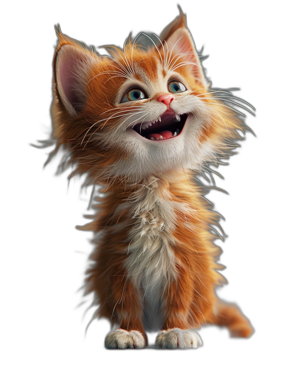 3D render of a happy smiling ginger kitten on a black background, cute, fluffy fur, long hair and big ears, in the style of Disney character design, in the style of Pixar movie style