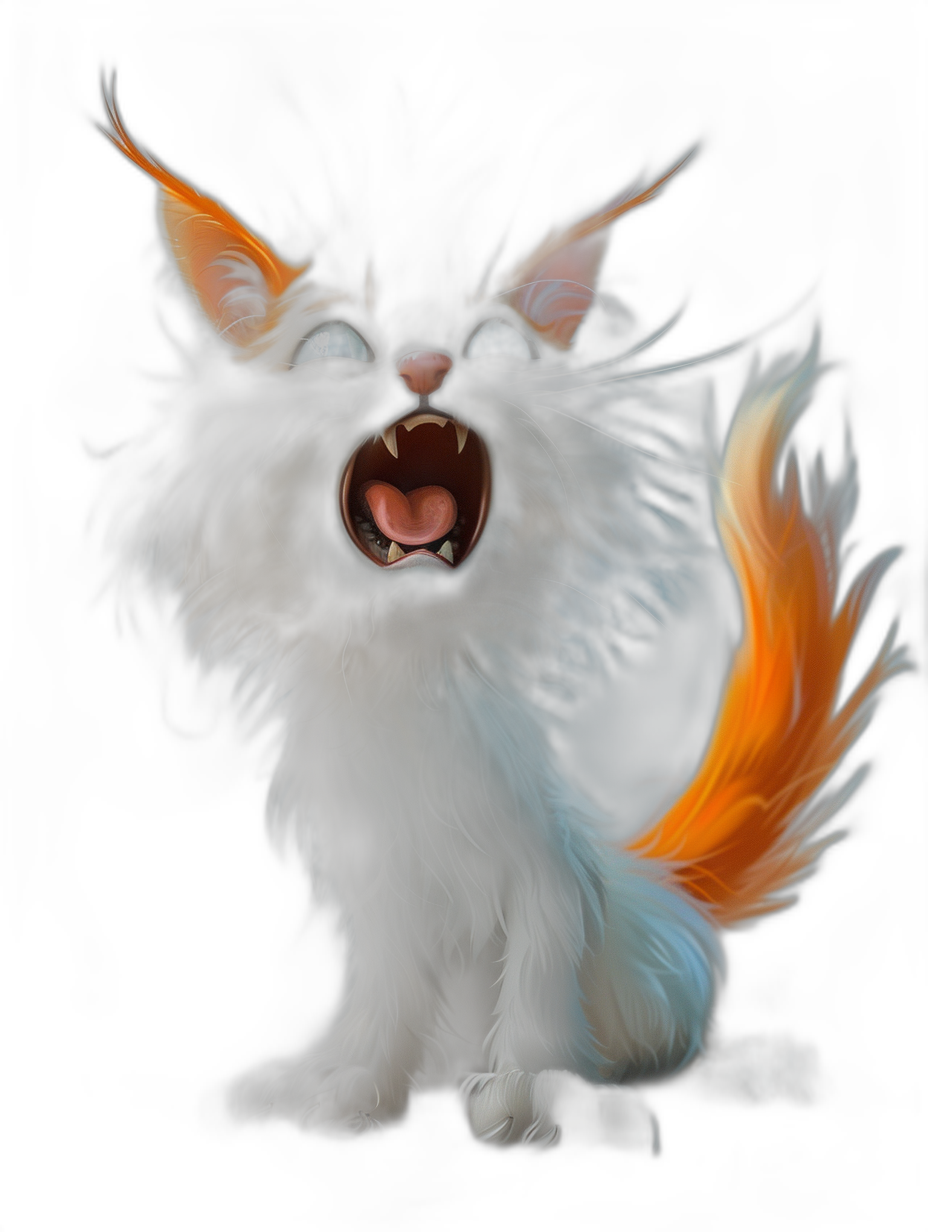 illustration of a screaming fluffy cat with an orange tail on a black background in the style of fantasy.