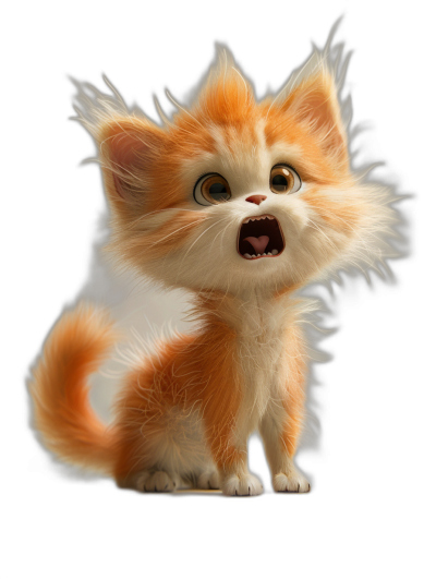 3D render of a cute fluffy orange and white kitten with a happy expression and mouth open, in the Pixar style, on a black background, digital art in the style of Disney