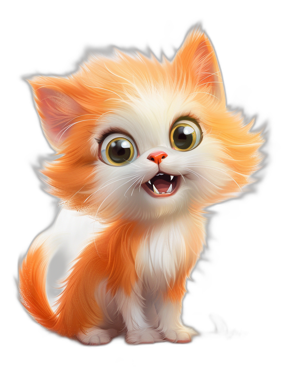 Illustration of a cute, happy smiling orange and white kitten against a black background in the style of Pixar. The character design is for a mobile game with bright colors, high contrast, soft shadows and professional studio lighting. The digital illustration is high resolution and hyper realistic with detailed artwork created in Procreate.