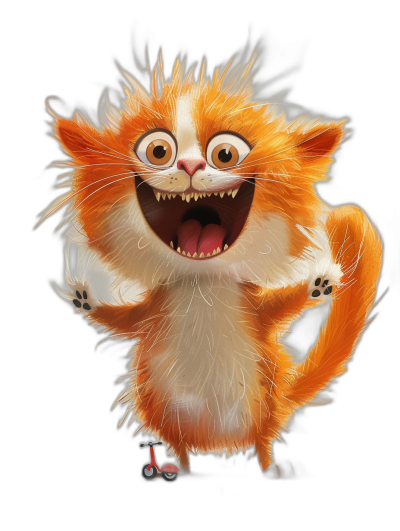 A cute orange and white fluffy cat character with crazy hair, big eyes, smiling and showing teeth, standing on two legs in a happy dancing pose in a full body shot against a black background in the style of Pixar, digital art.