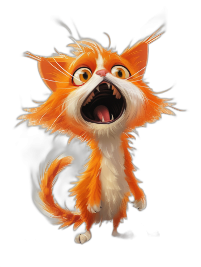 Illustration of an orange and white cat with a happy expression in a cute cartoon character design on a black background in a dynamic pose with detailed fur texture in the style of Disney and Pixar animation like concept art from a digital painting with vibrant colors in high resolution from a wide angle shot with studio lighting.