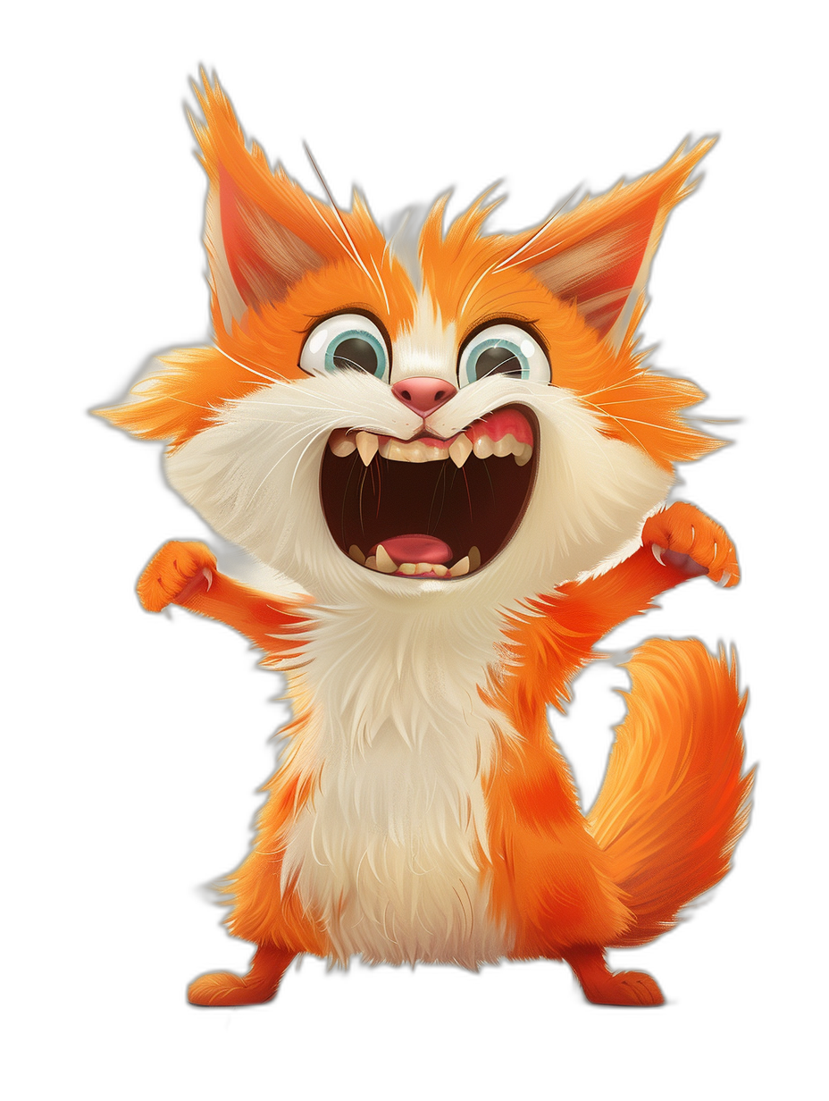 A cute orange and white cat character laughing in the style of Pixar, with a Disney render, on a black background, as a full body character design for a game, with big eyes, in a cartoon style.