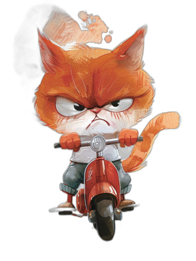 A cute grumpy orange cat cartoon character in the style of chibi, wearing a white shirt and dark green pants, riding on an Italian moped with red bodywork on a plain black background, with detailed illustration in the style of fantasy art and fantasy concept art as a digital painting.