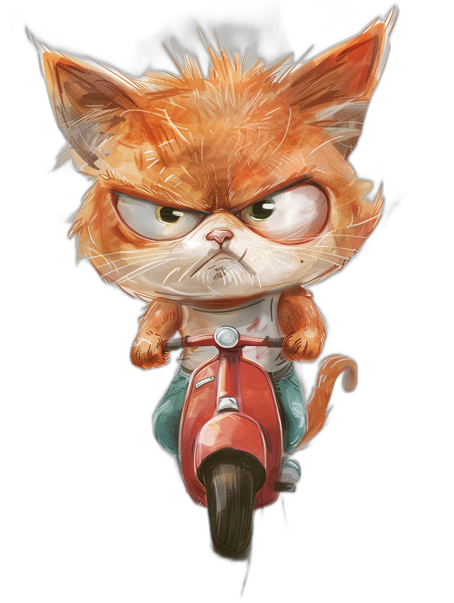 A cute orange cat with an angry expression, riding on the back of a red motorcycle. The cartoon character design shows the full body portrait against a black background with high definition. The style is cute with a Q-version manga illustration in the style of graffiti art. It is drawn in a chibi style with contour drawing at a high resolution. The digital painting uses octane rendering with ultra-fine details and a perfect composition that is very detailed.