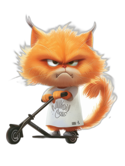 grumpy orange cat wearing a white t-shirt, riding a scooter with an angry face, in a cartoon style, on a black background, graffiti art in the style of Pixar and Disney character design styles.