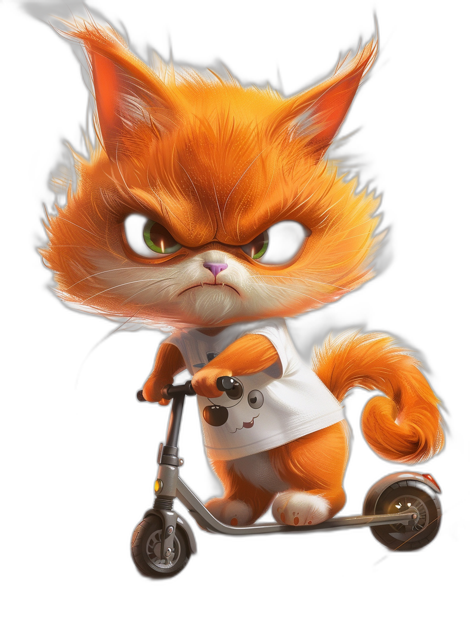 a cute orange cat, with big eyes and long eyelashes wearing white t-shirt on electric scooter, angry face looking at camera, black background, Disney style cartoon character design, 3D rendering, full body shot, Pixar art illustration, chibi head proportions, digital art by [Greg Rutkowski](https://goo.gl/search?artist%20Greg%20Rutkowski), trending pixar characters, octane render, unreal engine, concept art of cute fluffy furry kitten character in kawaii kelsy hasen the manga style, anime character, cute character, cute animal art, cute animal drawing, cute karen profile