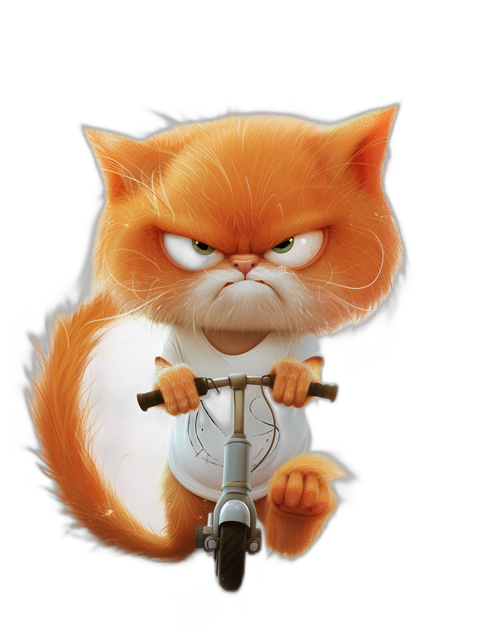 grumpy orange cat cartoon character riding scooter, white t-shirt with black design, in the style of [Tiago Hoisel](https://goo.gl/search?artist%20Tiago%20Hoisel) and caricature style, solid dark background color