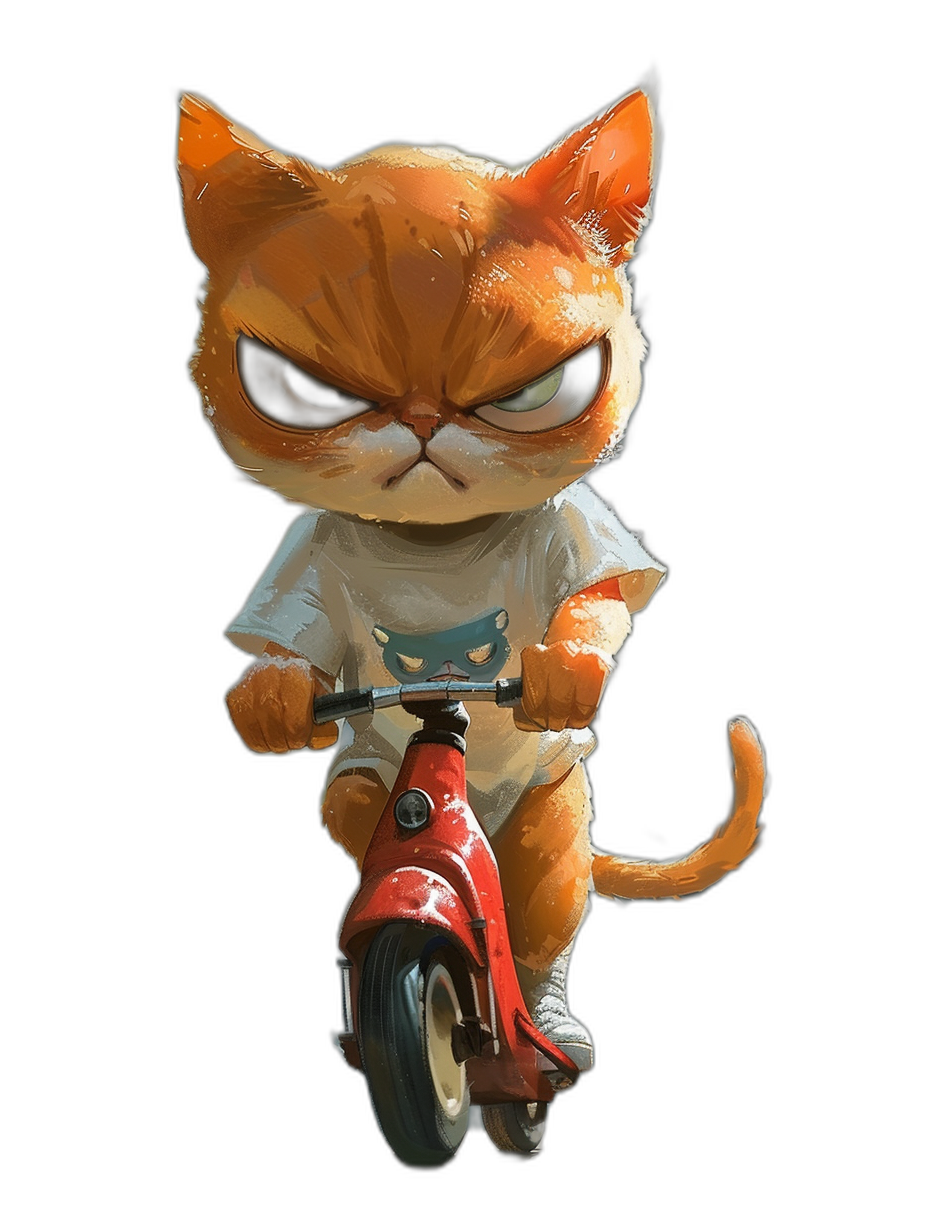 A cute orange cat, wearing a white T-shirt and black shoes, riding a red scooter with an angry expression on a black background from a front view, in the style of Pixar character design as a cartoon digital art.