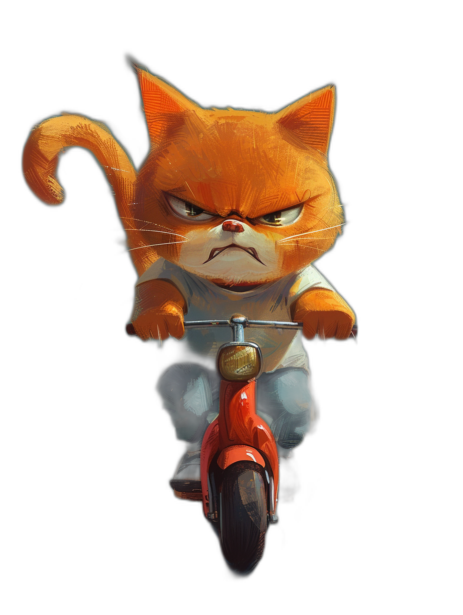 grumpy orange cat character on scooter, angry face, cartoon style, full body, black background, concept art in the style of Pixar and Disney and [Atey Ghailan](https://goo.gl/search?artist%20Atey%20Ghailan) and [Loish](https://goo.gl/search?artist%20Loish)