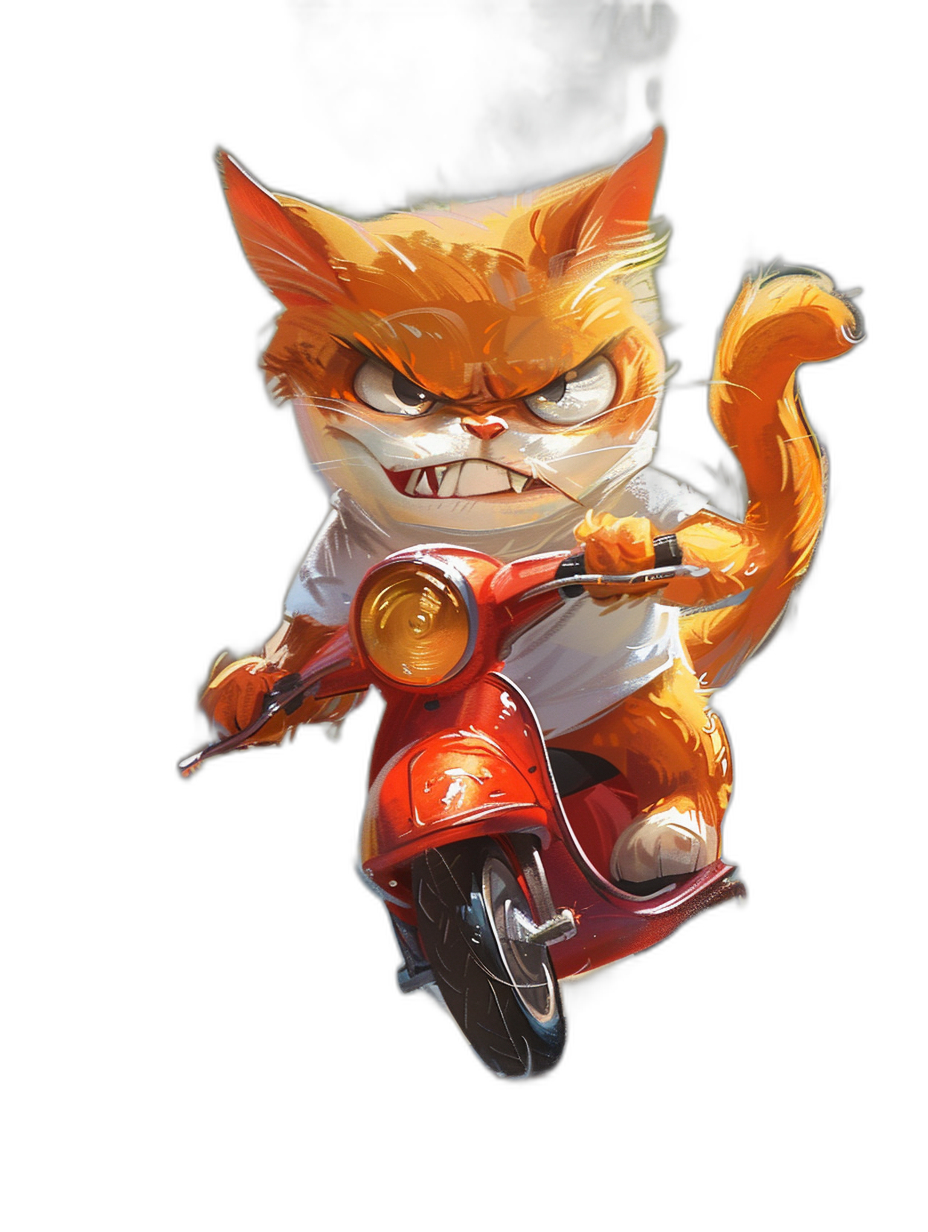 Character design of an angry orange cat on a motorbike, with a black background, in the style of [Tiago Hoisel](https://goo.gl/search?artist%20Tiago%20Hoisel), in a caricature-like and playful style. The design includes whimsical characters, cute cartoonish designs with vibrant colors, bold lines, and exaggerated features. The style is high resolution and highly detailed.