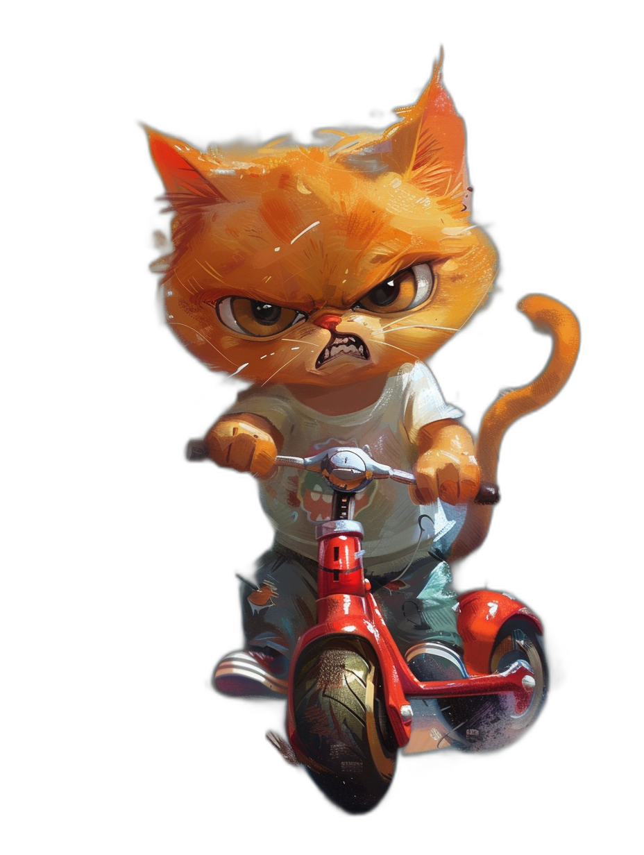 realistic cute orange cat character in a white t-shirt, riding a red tricycle bike with small wheels and an angry facial expression, on a black background, concept art in the style of Pixar and [Atey Ghailan](https://goo.gl/search?artist%20Atey%20Ghailan)