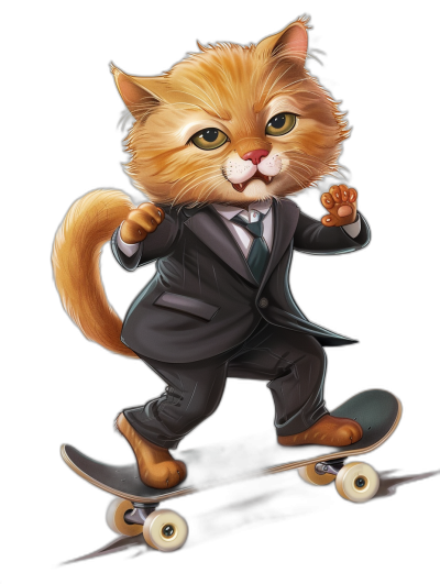 Cute cartoon cat in suit, riding skateboard, full body portrait, black background, high definition, high resolution