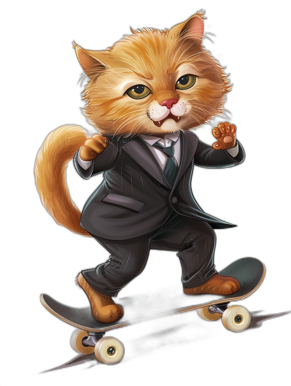 Cute cartoon cat in suit, riding skateboard, full body portrait, black background, high definition, high resolution