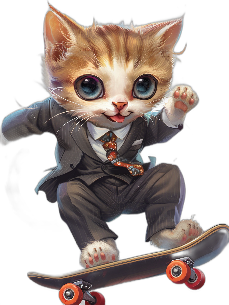 A cute cat in a suit and tie, riding on a skateboard, vector illustration in the style of [Kawacy](https://goo.gl/search?artist%20Kawacy), black background, cute cartoon design, detailed character illustrations, full body