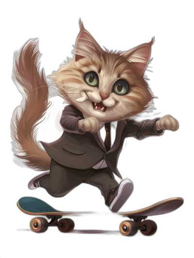 Cute cat in a suit, riding on a skateboard, with green eyes, a happy expression, in the cartoon style, on a black background, as a full body portrait, as a 2D flat design, as digital art, drawn in the style of a professional graphic designer, with high resolution, high detail, and sharp focus.