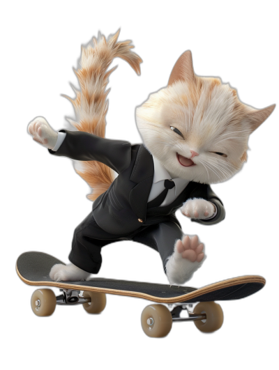 A happy smiling cat in a black suit, riding on a skateboard, an ultra realistic photo render, in the style of cartoon, black background, high resolution