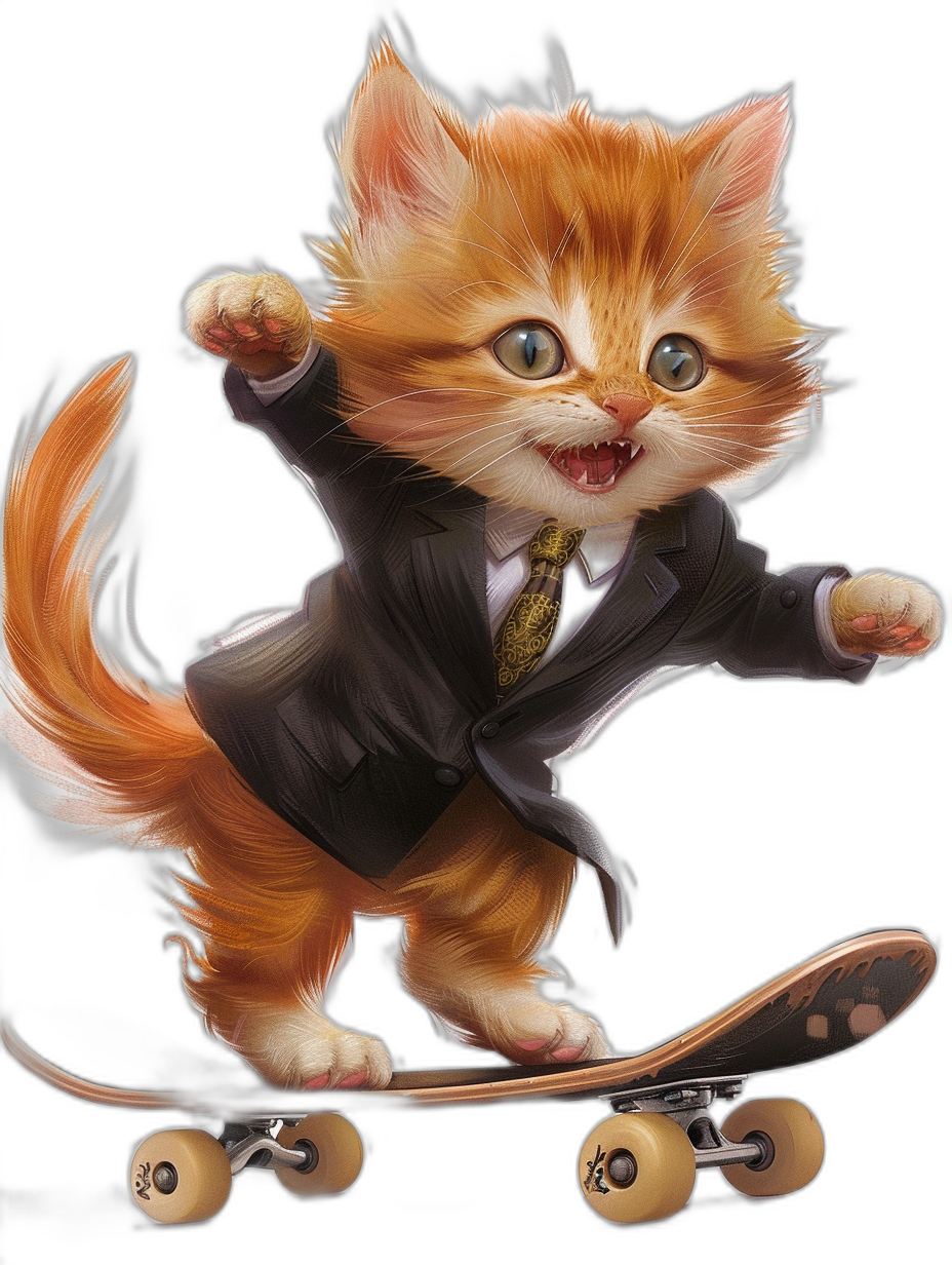 A cute ginger cat in a suit and tie riding on a skateboard, in a cartoon style, on a black background, detailed, cute, adorable, with fluffy fur, highly detailed, a digital painting, concept art, with sharp focus, an illustration, with high contrast, concept art, in the style of [Artgerm](https://goo.gl/search?artist%20Artgerm) and [Greg Rutkowski](https://goo.gl/search?artist%20Greg%20Rutkowski) and [Alphonse Mucha](https://goo.gl/search?artist%20Alphonse%20Mucha).