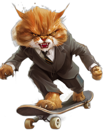 realistic digital illustration of an angry ginger cat in suit, riding on skateboard, black background, character design