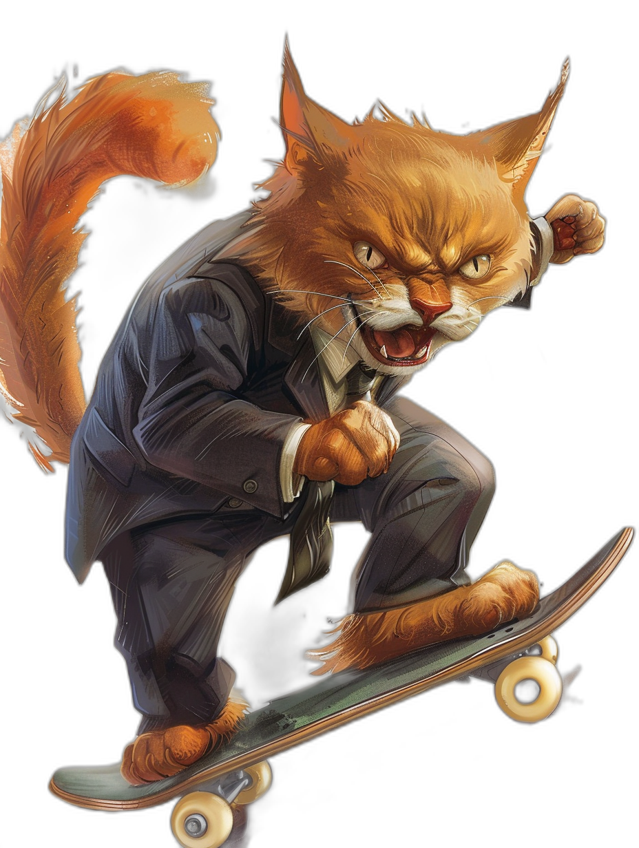 a full body illustration of an angry orange cat in business suit, riding on skateboard, cartoon style, digital art by [WLOP](https://goo.gl/search?artist%20WLOP) and [Greg Rutkowski](https://goo.gl/search?artist%20Greg%20Rutkowski) and [Thomas Kinkade](https://goo.gl/search?artist%20Thomas%20Kinkade), black background, high contrast, low lighting, ultra detailed, smooth skin texture, hyper realistic