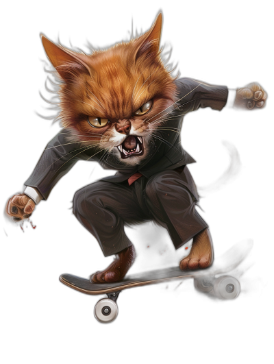 realistic digital illustration of an angry ginger cat in suit, riding on skateboard, black background, t-shirt design