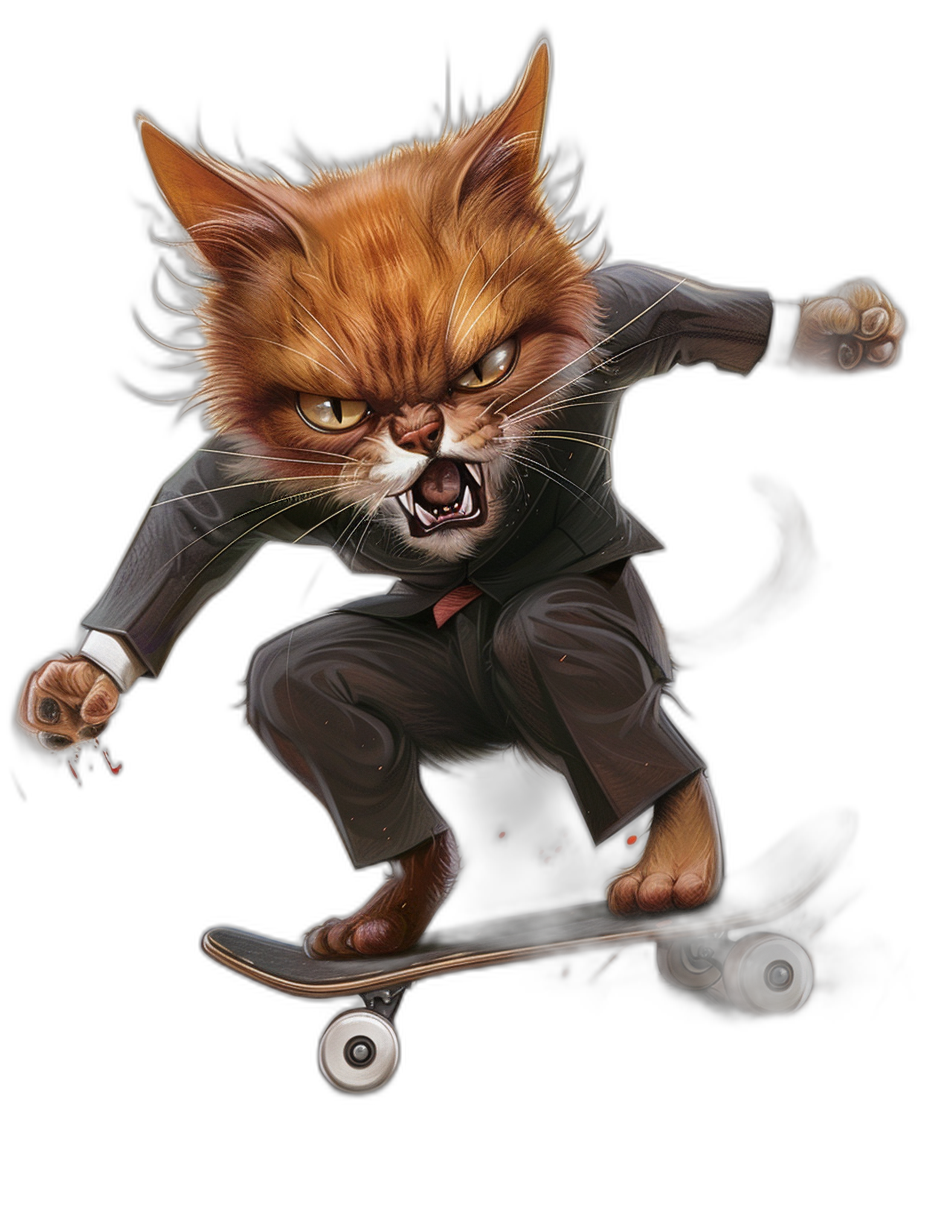 realistic digital illustration of an angry ginger cat in suit, riding on skateboard, black background, t-shirt design