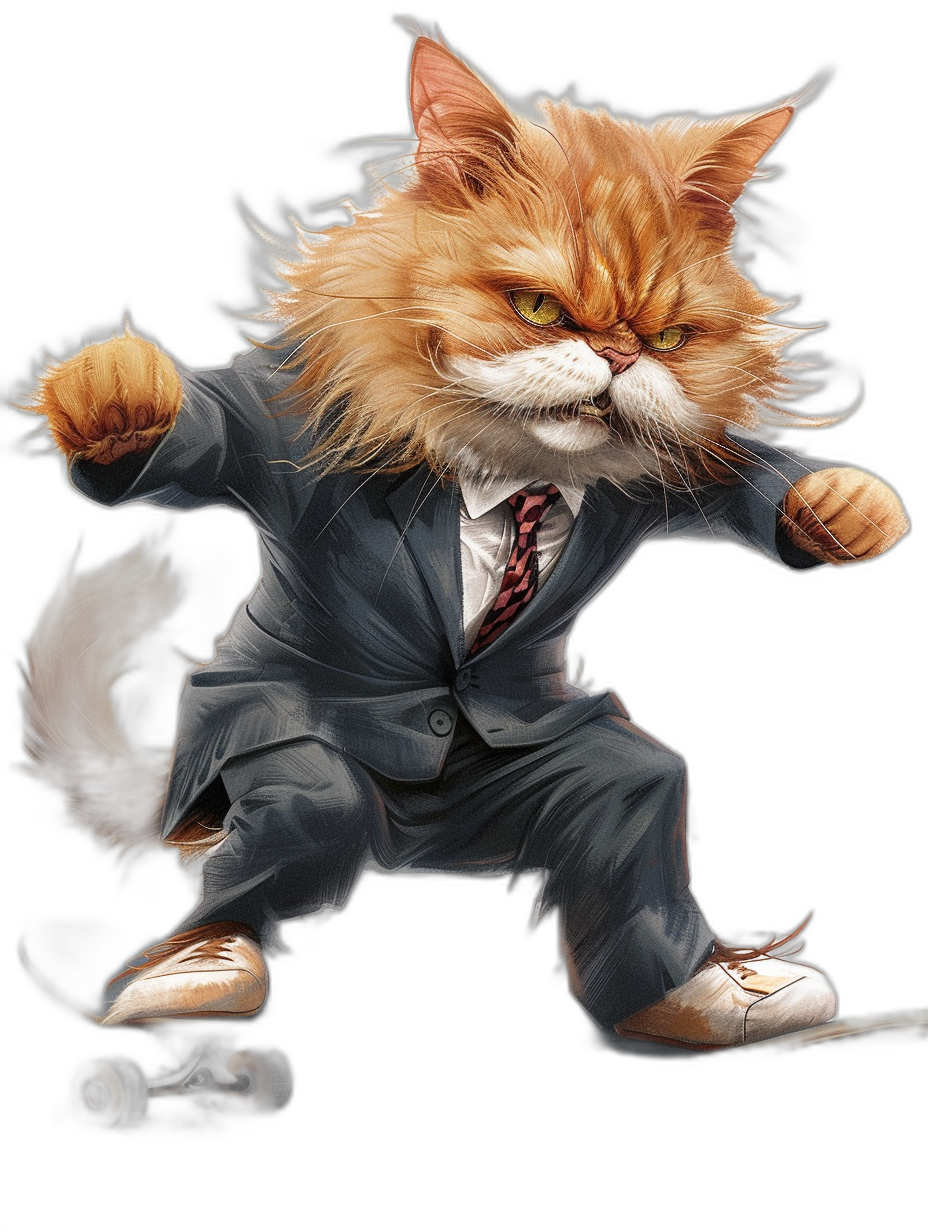 character design of an orange cat in business suit and tie, long hair with bangs, on rollerblades, fighting pose, cartoon style, black background, vector art, high resolution, high detail, hyper quality, hyper realistic illustration, by pixar character, by [Tim Burton](https://goo.gl/search?artist%20Tim%20Burton), by [Charlie Bowater](https://goo.gl/search?artist%20Charlie%20Bowater), by nintendo, by greg m para, by [Alex Ross](https://goo.gl/search?artist%20Alex%20Ross), by [Tomer Hanuka](https://goo.gl/search?artist%20Tomer%20Hanuka), by [Kentaro Miura](https://goo.gl/search?artist%20Kentaro%20Miura), by [Don Bluth](https://goo.gl/search?artist%20Don%20Bluth), by [Dave Coverly](https://goo.gl/search?artist%20Dave%20Coverly), by [Johnson Tsang](https://goo.gl/search?artist%20Johnson%20Tsang)