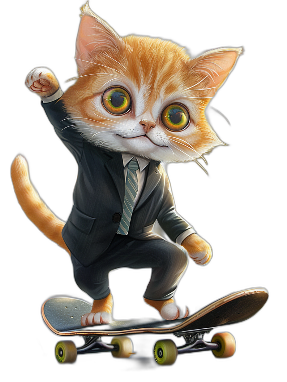 digital art of a cute kitten, wearing a suit and tie, riding a skateboard with a black background, with big eyes, a fluffy tail, and a full body, with a lovely expression.