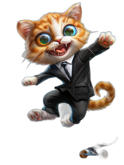 digital art of a cute happy kitten in a suit, with blue eyes, jumping on a skateboard against a black background, with a big head and small body in the style of small body style, with a romantic emotion, using dark silver and light orange colors, with high detail