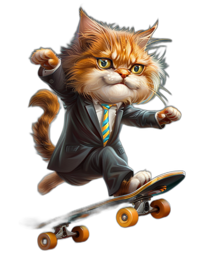 illustration of an orange cat in suit and tie riding on skateboard, vector art, black background, 2d cartoon, clean design, detailed illustration, high resolution