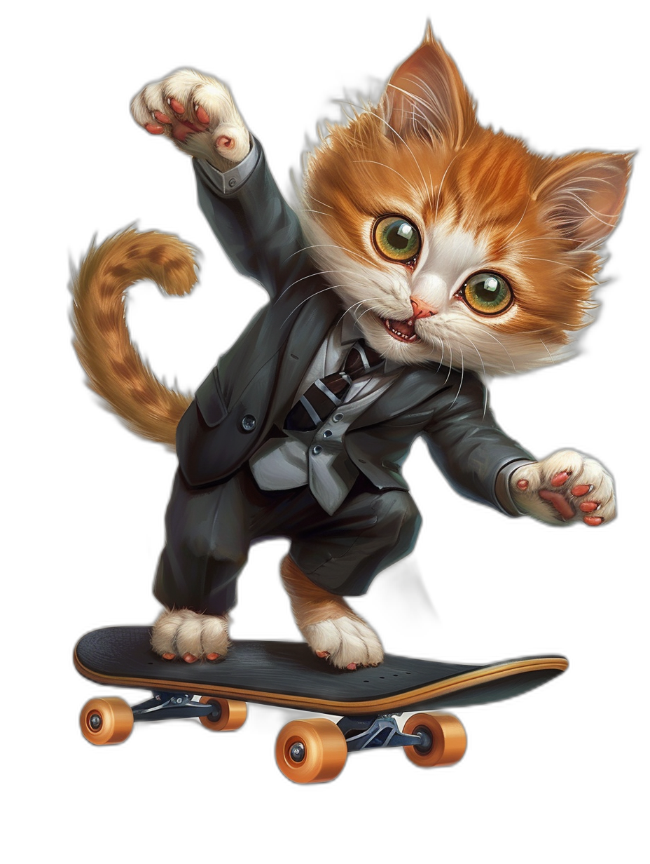 digital art of a cute kitten, wearing a formal suit, riding on a skateboard, against a black background, with big eyes, in the happycore style, in the style of Disney animation