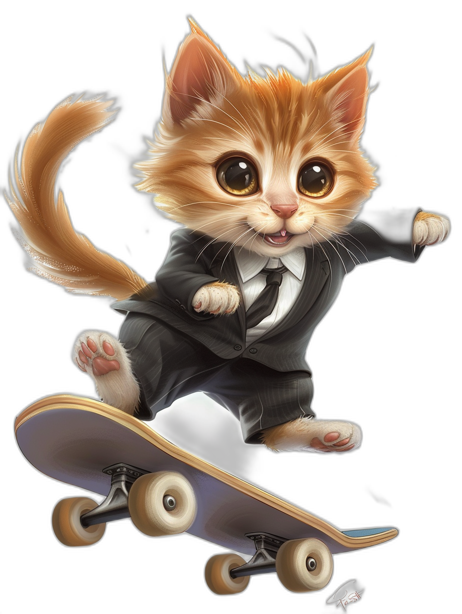 digital art of a cute kitten wearing a formal suit and riding a skateboard against a black background, with big eyes in the style of happycore animation and in the Disney animation style.